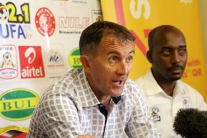 Coach Micho with FUFA Spokesperson Ahmed Marsha at Uganda Cranes Press Conference on Thursday at Lugogo