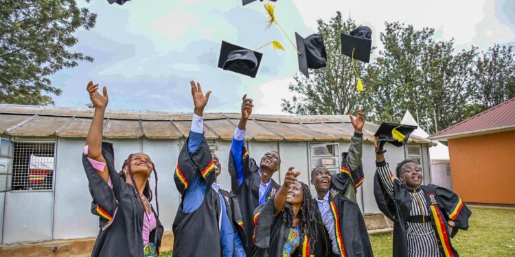 Graduates very excited during the graduation first and second intake 2023 of the Tooro Zonal Presidential Industrial Hub in Kijwiga Village, Katooke Sub- County, Mwenge County in Kyenjojo District on the 24th April 2024. Photo by PPU/Tony Rujuta.