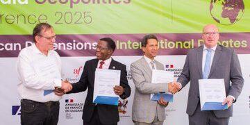 Eric Touzé, Director of Alliance Française Kampala; Prof. Buyinza Mukadasi, the Acting Deputy Vice Chancellor for Academic Affairs; H.E. Xavier Sticker, Ambassador of France to Uganda and Nils Wörmer, the Director of Konrad-Adenauer-Stiftung's Regional Programme Security Dialogue for East Africa at the signing ceremony