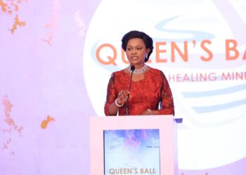 Her Royal Highness the Nnaabagereka (Queen) of Buganda Kingdom, Sylvia Nagginda, addressing guests at the Queen's Ball 2025 in Munyonyo