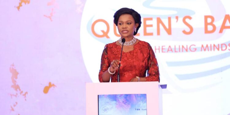 Her Royal Highness the Nnaabagereka (Queen) of Buganda Kingdom, Sylvia Nagginda, addressing guests at the Queen's Ball 2025 in Munyonyo