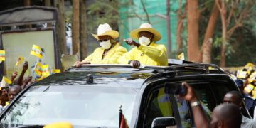President Museveni and First Lady Maama Janet Museveni arriving at the NRM party headquarters in Kyadondo for his official nomination on Saturday