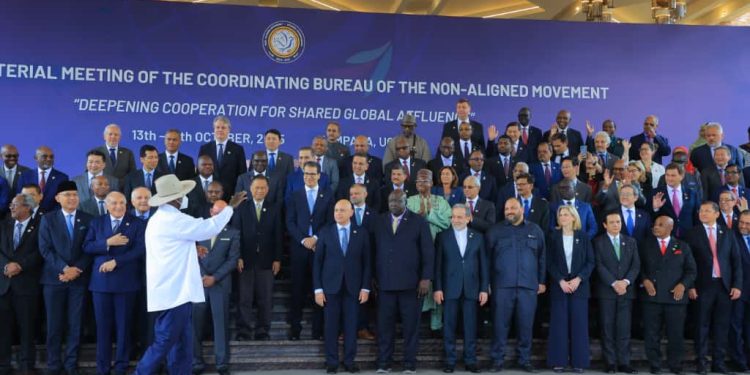 President Museveni poses for with visiting ministers and delegations during the 19th Ministerial meeting of the coordinating bureau of the Non-Aligned Movement at Speke Resort Munyonyo on Wednesday. PPU