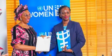 UN Women Deputy Country Representative Adekemi Ndieli and Equity Bank Director Public Sector and Social Investment Catherine Psomgen